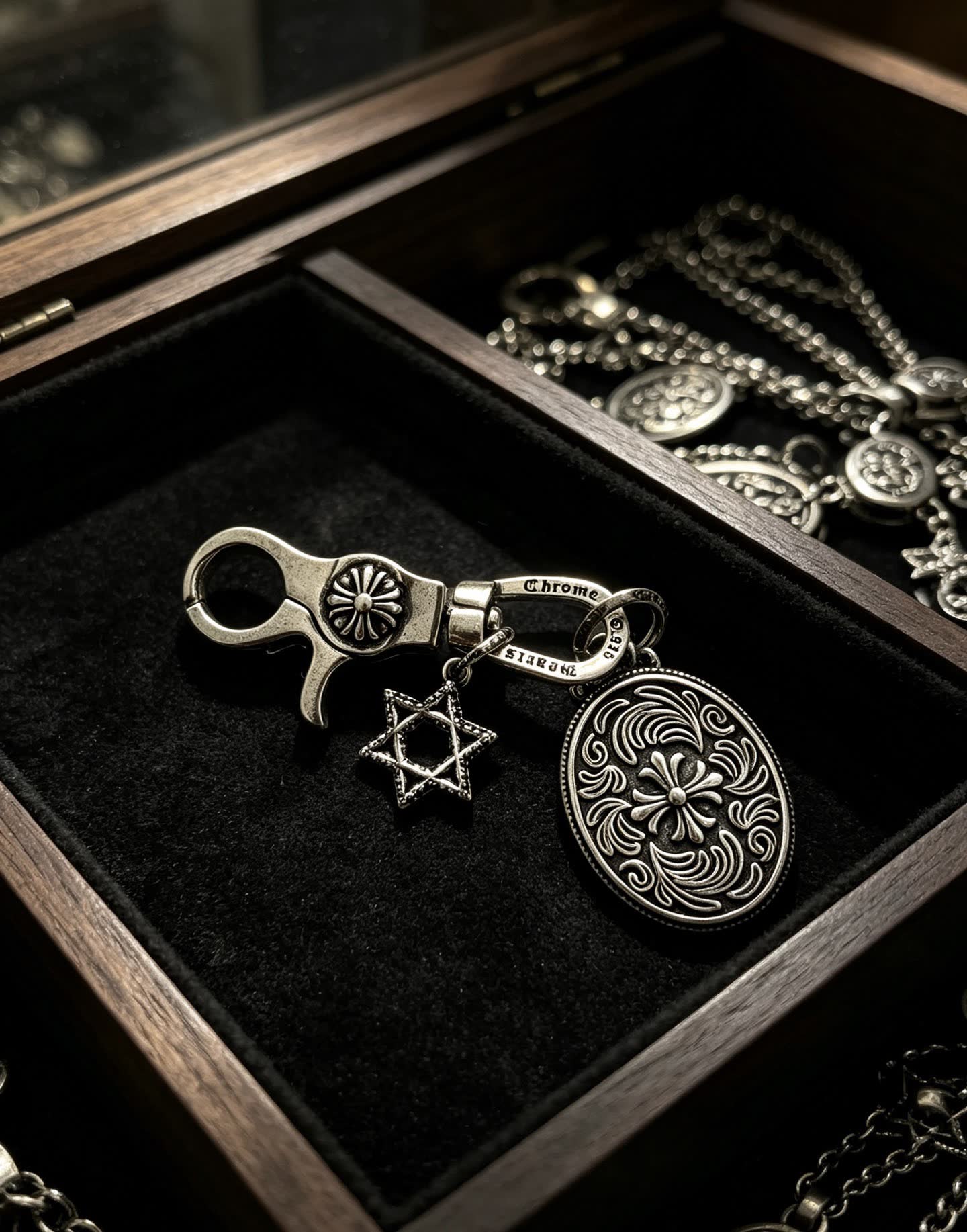 Chrome Hearts Silver Keychain with Star of David and Medallion